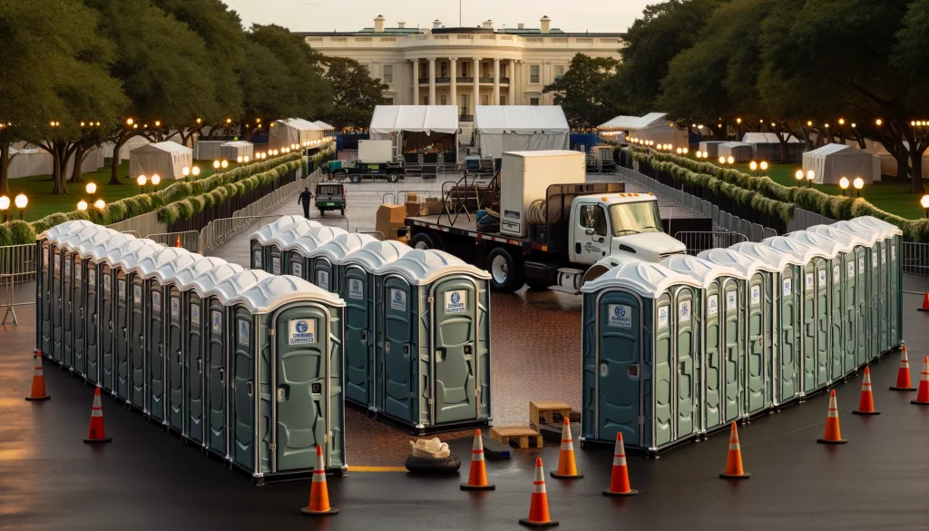 Festival porta potty bank with barricades in Morgantown, West Virginia